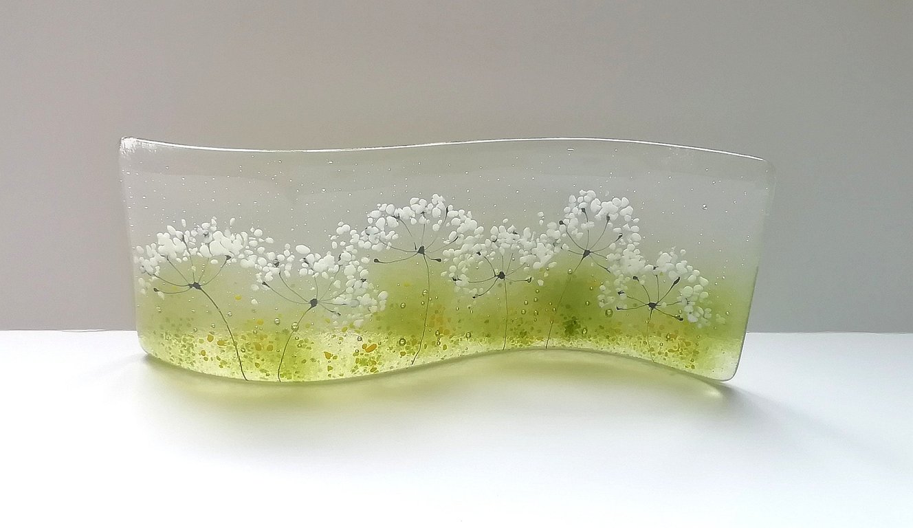 Cowparsley freestanding ornament, fused glass wave shape, gift for home, glass a