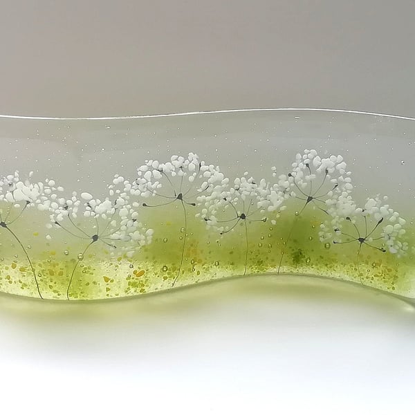 Cowparsley freestanding ornament, fused glass wave shape, gift for home, glass a