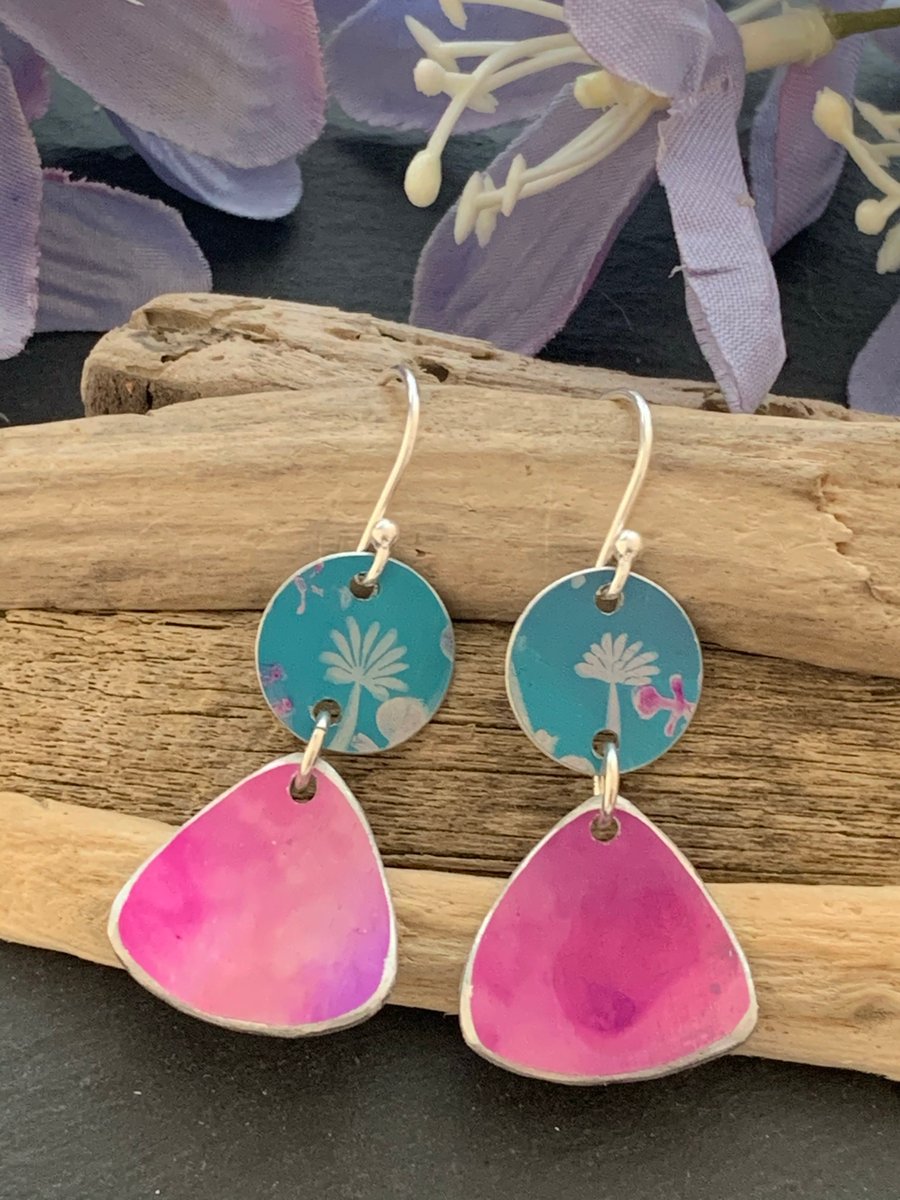 Printed Aluminium and sterling silver earrings - Turquoise and pink