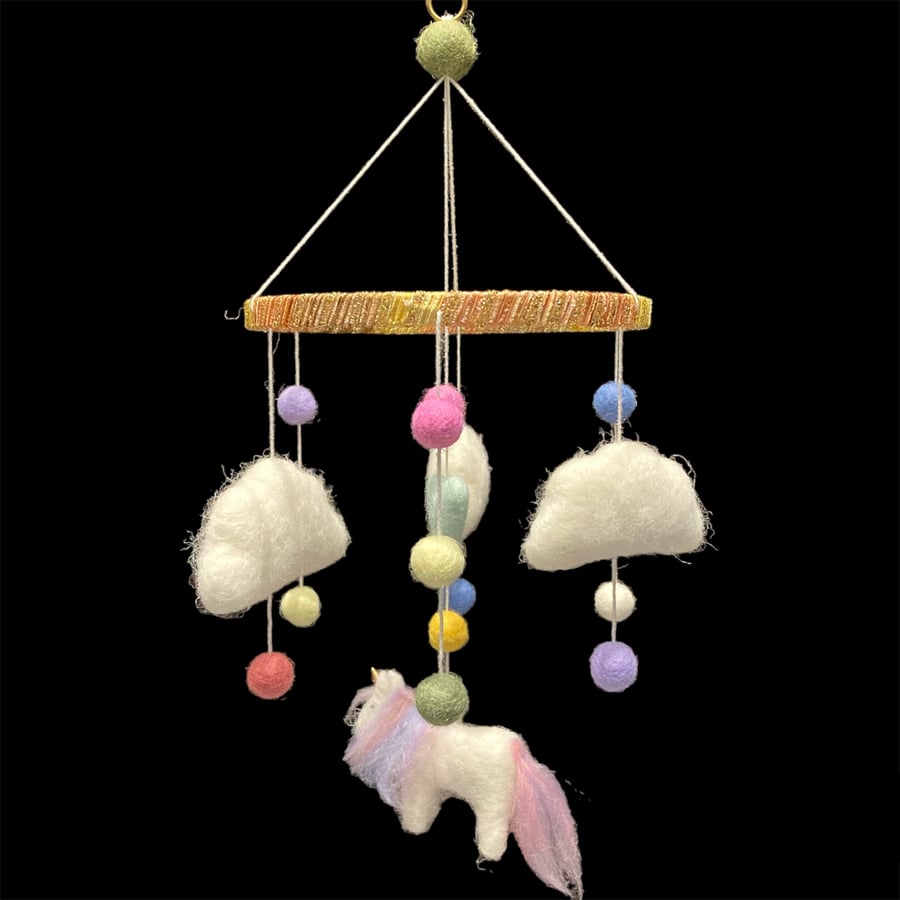 Baby Mobile, needle felt Unicorn and clouds, nursery decor, new baby gift