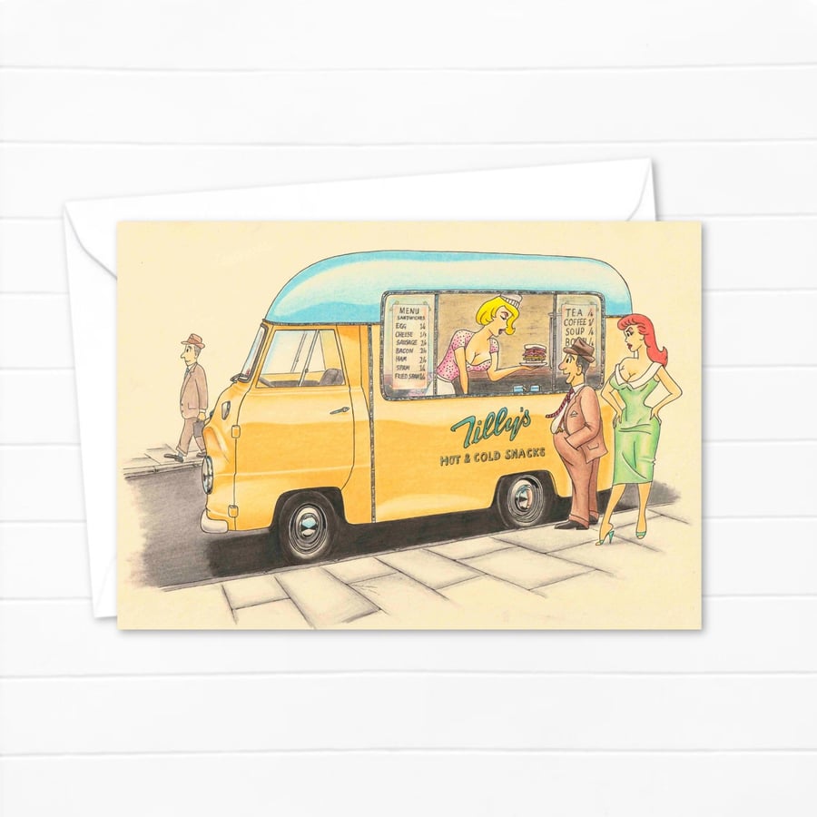 Mid Century Nostalgia Greeting Card: Hand Drawn Fifties Van (317)