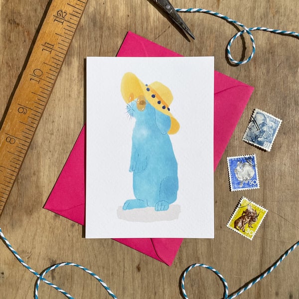 Blue Rabbit Illustrated Blank Greeting Card