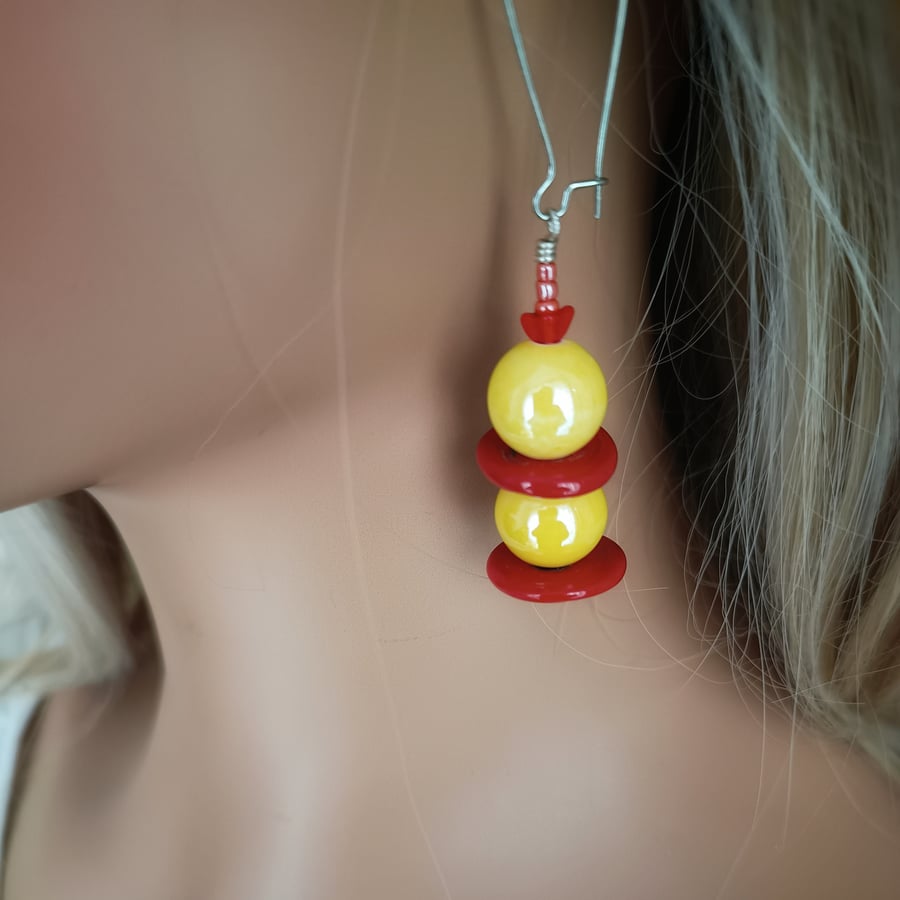 Yellow Red Ceramic & Glass Earrings 