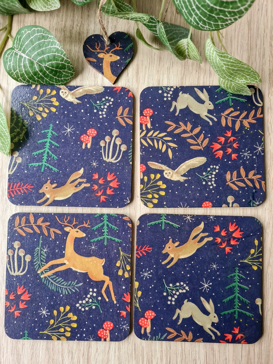 Woodland design wooden coasters set of four home decor and gift tag