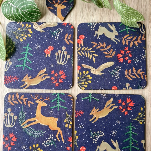 Woodland design wooden coasters set of four home decor and gift tag