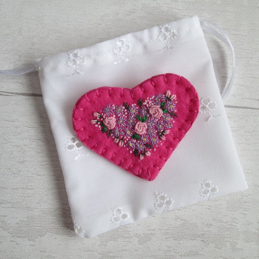 Hand Embroidered Floral Heart Brooch on Cerise Pink Wool Felt