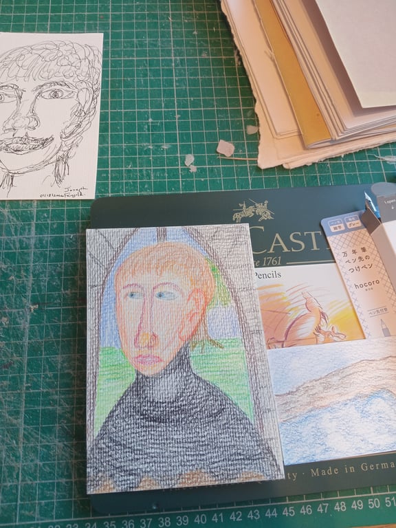 Original drawing outsider expressionist style coloured pencil drawing A6 size