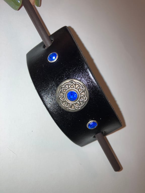 Dyed Black Leather HairStick Barrette W Celtic Knotwork Centre & Blue Gems