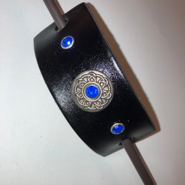Dyed Black Leather HairStick Barrette W Celtic Knotwork Centre & Blue Gems
