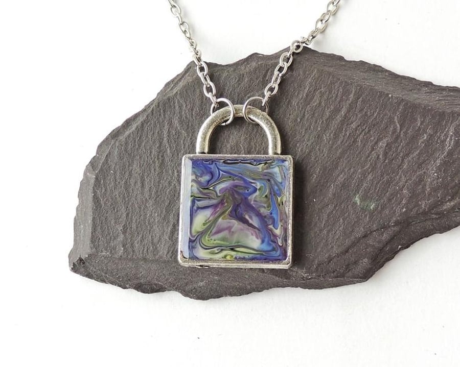 Square Blue & Purple Marbled Pattern Necklace, Double Sided  (SALE)  952