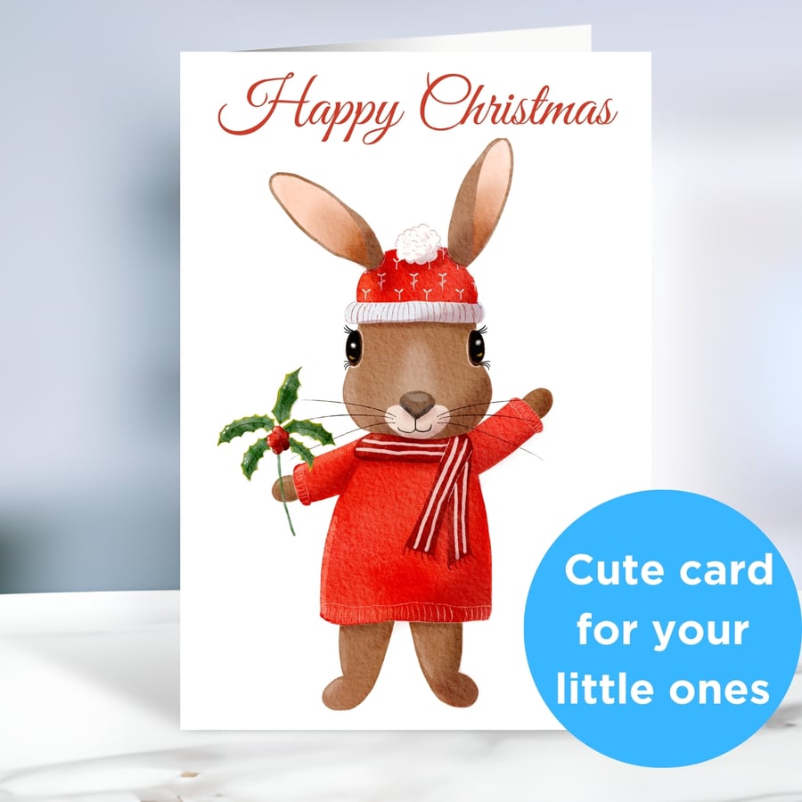 Bunny Rabbit and Holly Kids Christmas Card for Little Girls and Boys