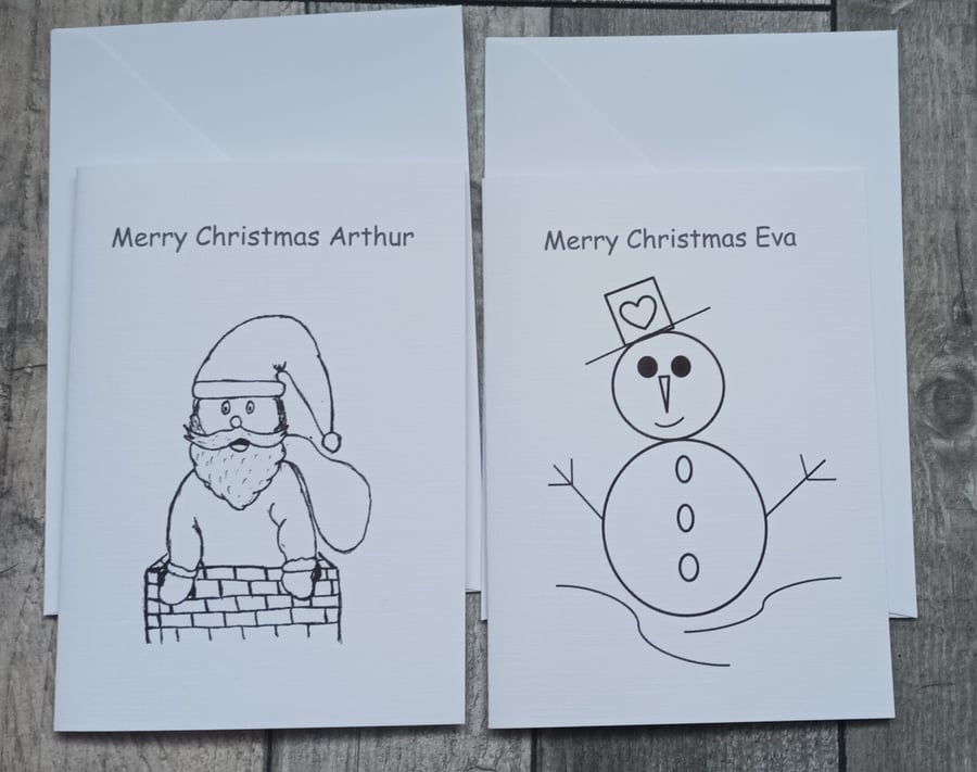 Personalised Colour Me In Childs Christmas Card. Father Christmas Or Snowman