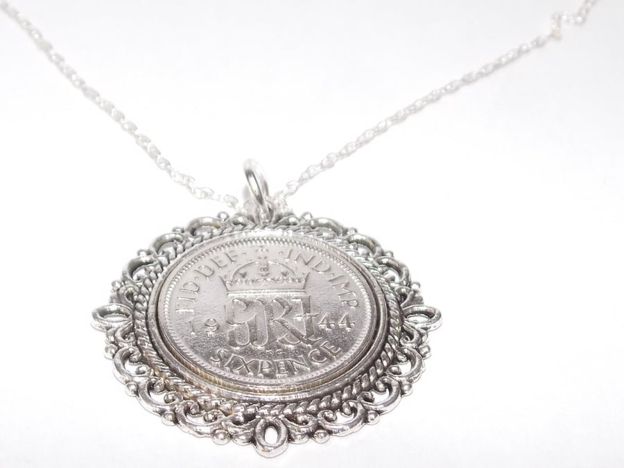Fancy Pendant 1944 Lucky sixpence 80th Birthday plus a Sterling Silver 18in 