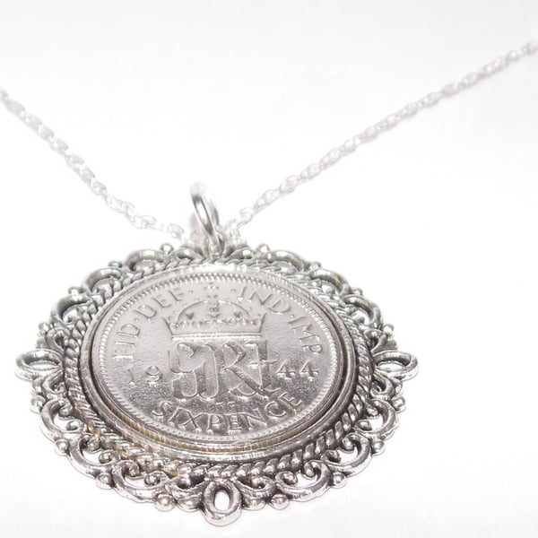 Fancy Pendant 1944 Lucky sixpence 80th Birthday plus a Sterling Silver 18in 