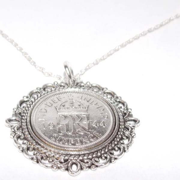 Fancy Pendant 1944 Lucky sixpence 81st Birthday plus a Sterling Silver 18in 