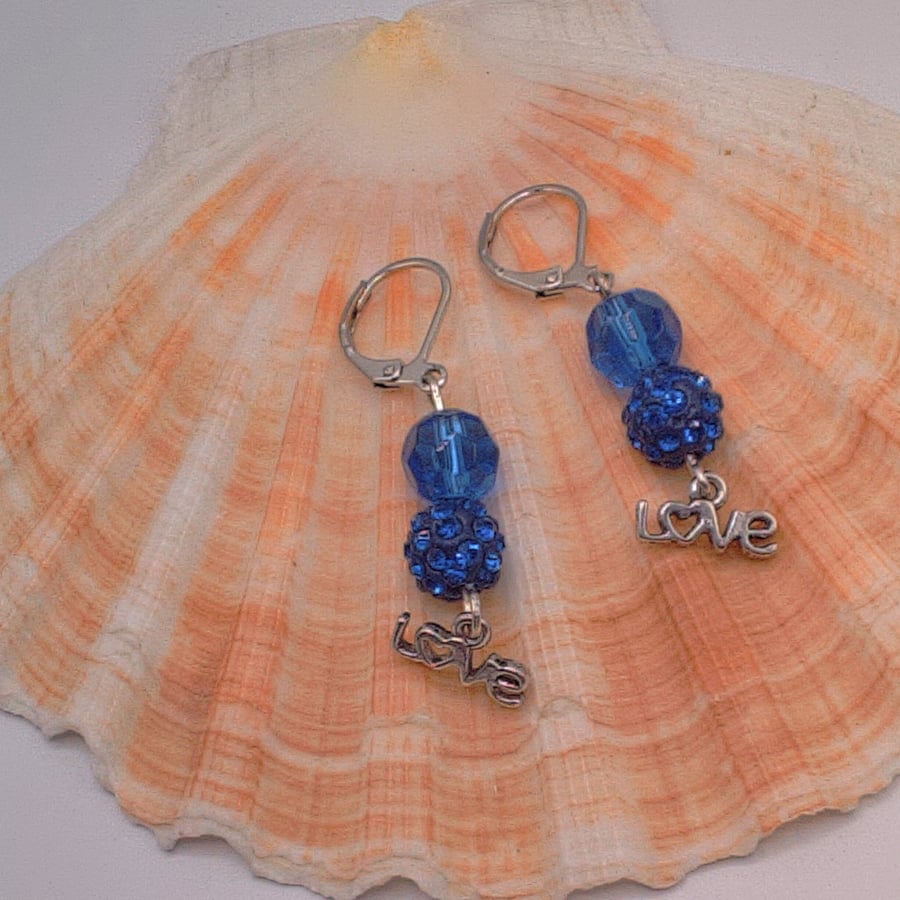 Earrings with a Blue Sparkly Beads Crystal and Love Charm, Gift for Her