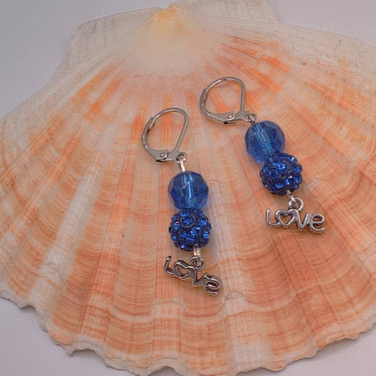 Earrings with a Blue Sparkly Beads Crystal and Love Charm, Gift for Her
