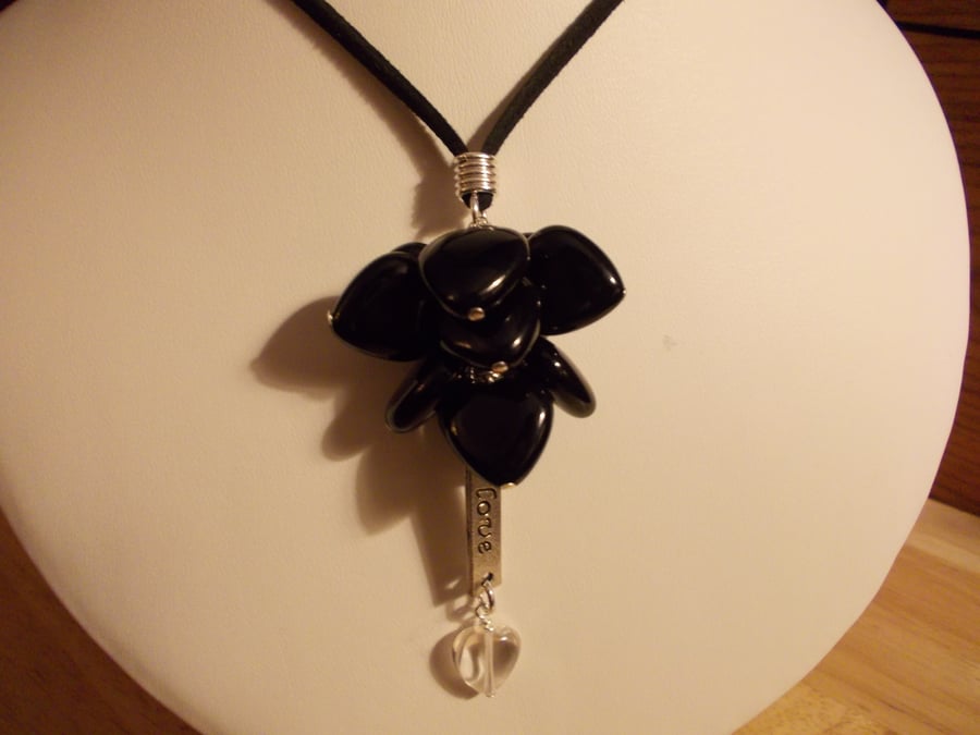 Black agate heart tassle necklace with love tag