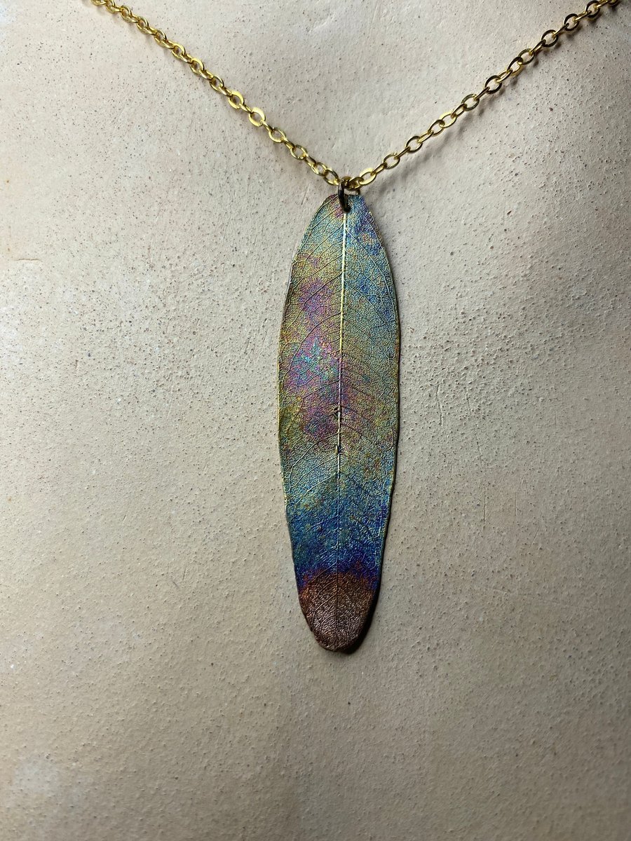 Real leaf pendant, pure gold and copper electroform with rainbow patina, 861