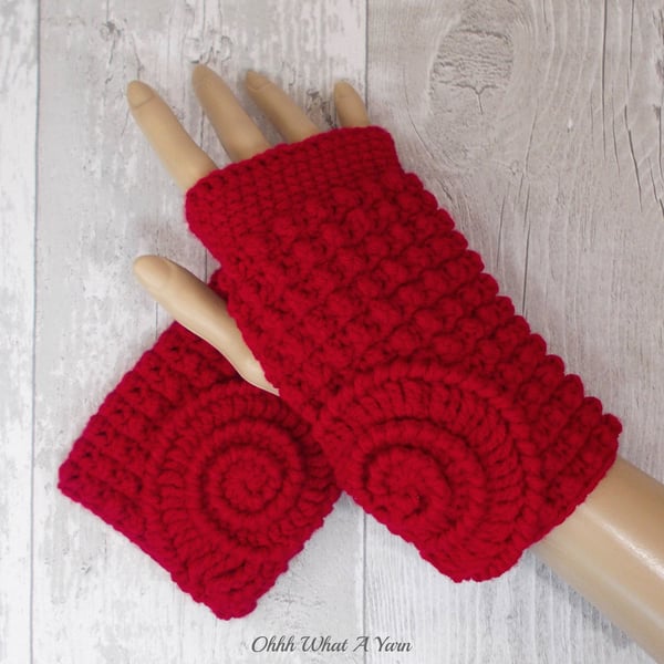 Red, dark red ammonite ladies crochet gloves, finger less gloves.  