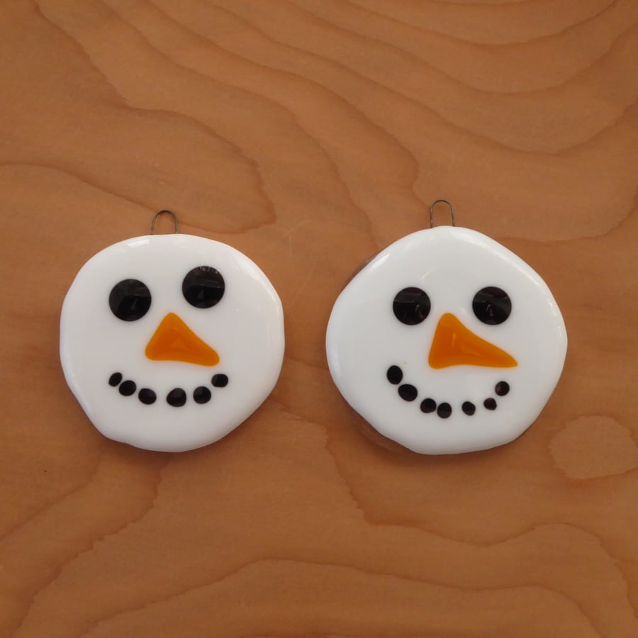 Fused glass snowman Christmas hanging decoration, set of two