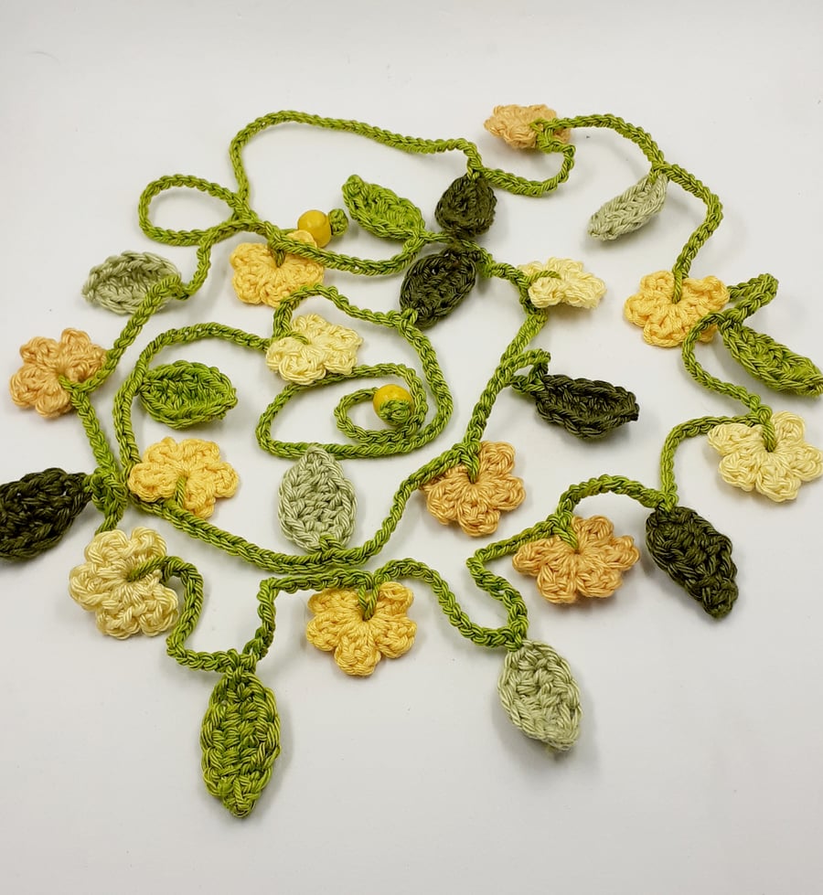 Tiny Crochet Flowers Garland in Yellows and Green 