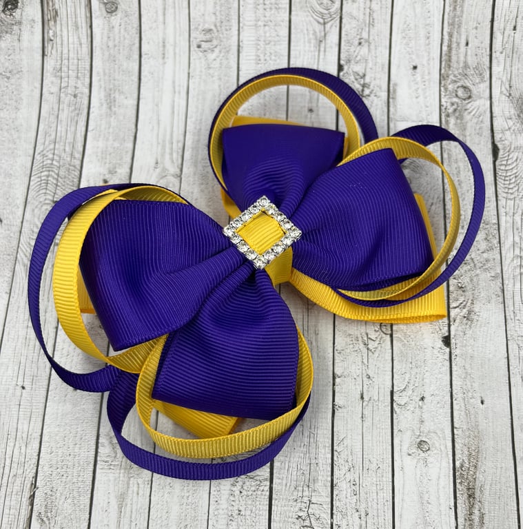 Large 5 inch Purple and Yellow Gold Double Layer Bow with Double Loops