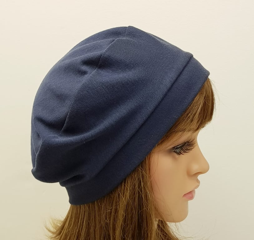 Navy blue little french style beret, cotton jersey unlined hat, lightweight tam
