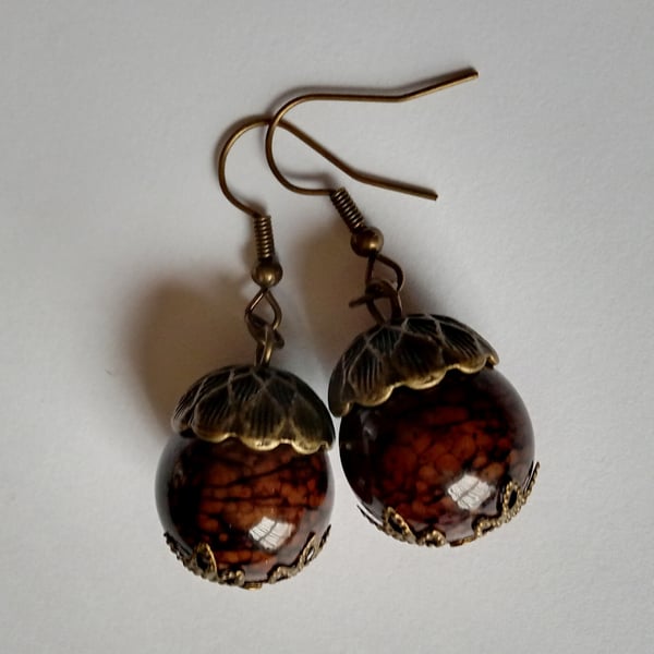 Bronze Brown Beaded Acorn Drop Earrings