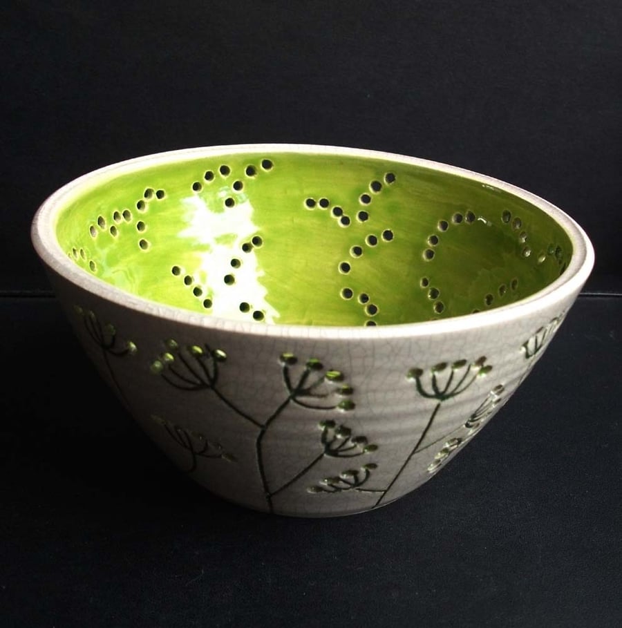 Ceramic hand thrown crackle dish with flowers and bright interior