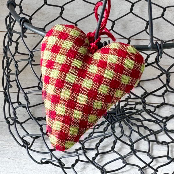 MINI FABRIC HEART DECORATION - red and green checks