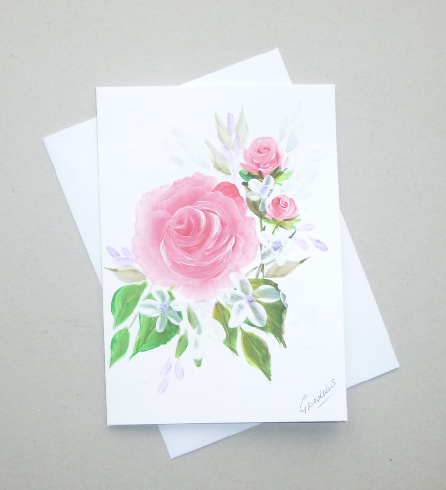 hand painted pink roses blank greetings card ( ... - Folksy