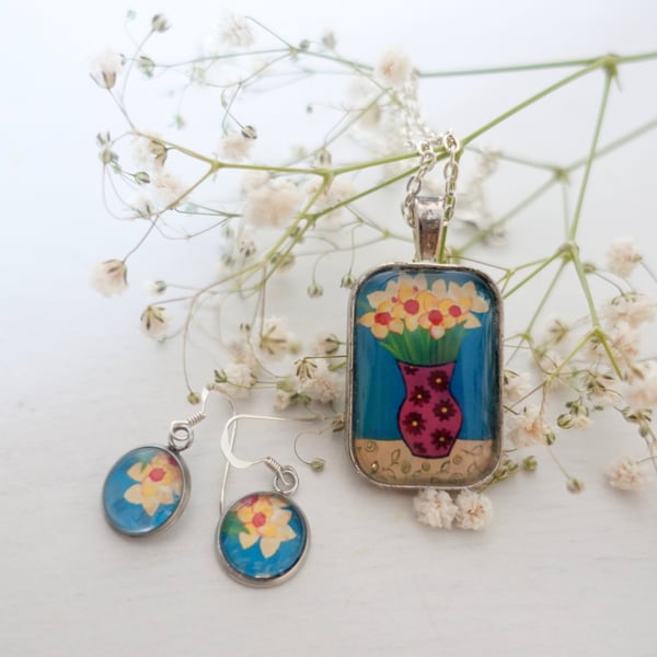 Handmade Floral Necklace & Earrings Set – Folk Art Jewellery Gift