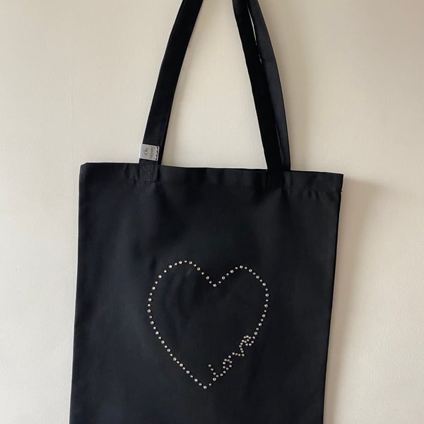 LOVE HEART TOTE BAG, hand sparkled, hearts, shopping, travel bag, gift 