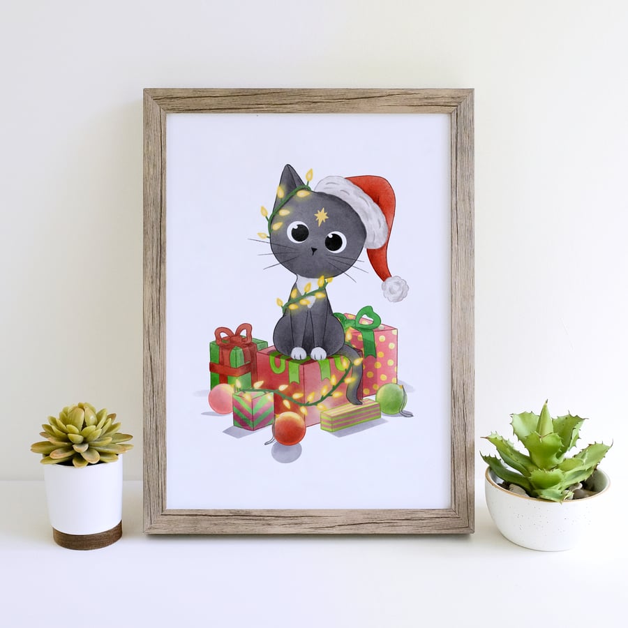 Christmas Cat Art Print Christmas Decor Artwork
