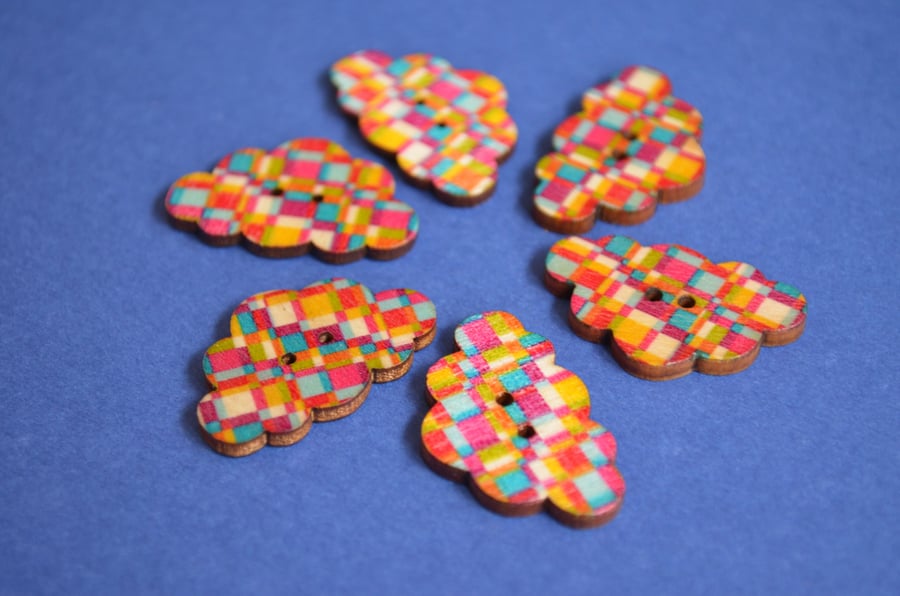Wooden Cloud Buttons Multi Coloured Rainbow 6pk 30x20mm (CD7)