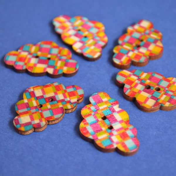 Wooden Cloud Buttons Multi Coloured Rainbow 6pk 30x20mm (CD7)