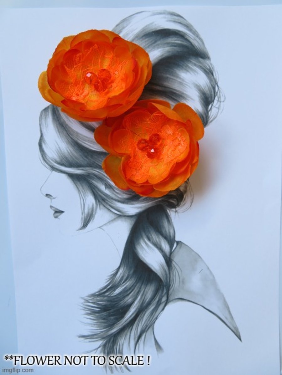 Set of 2 Shades of Orange Blossoms Vintage Rockabilly Flower Hair Clip Wedding 