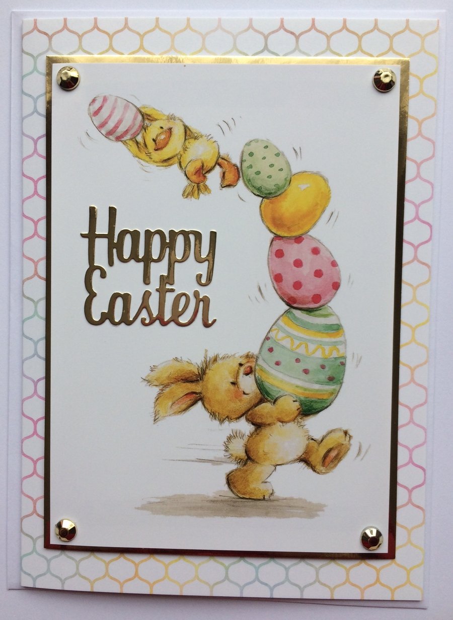 Happy Easter Card Cute Chick Bunny Rabbit and Eggs