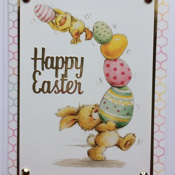 Happy Easter Card Cute Chick Bunny Rabbit and Eggs