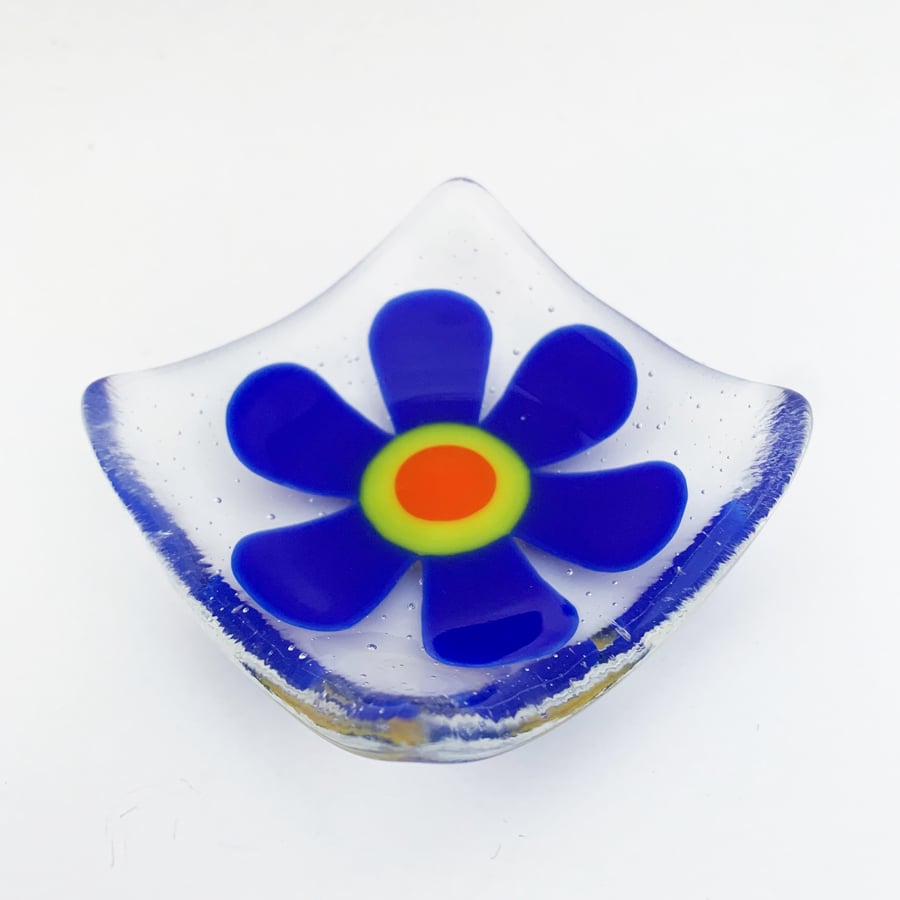 Fused Glass Retro Cobalt Blue Flower Dish - Handmade Fused Glass Dish
