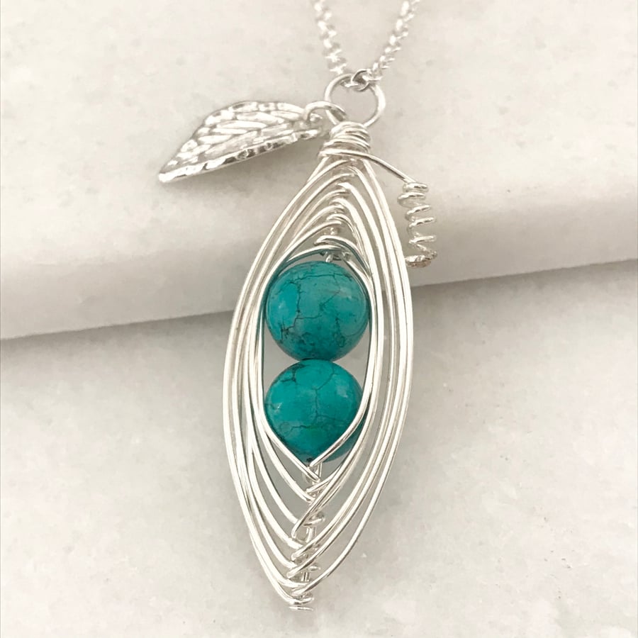 Handmade turquoise gemstone bead peapod necklace 