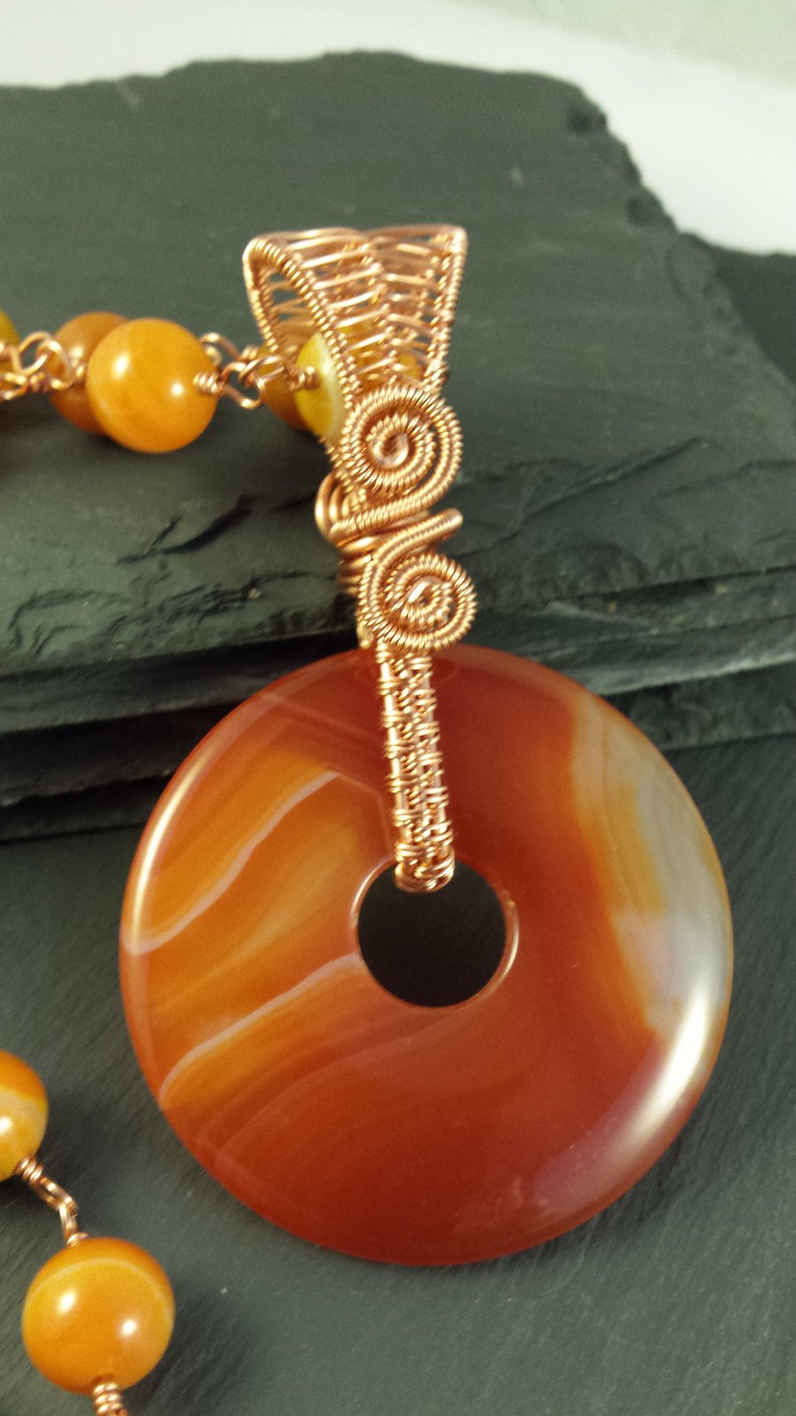 Orange Agate Reversible Donut Pendant with Rosary Necklace
