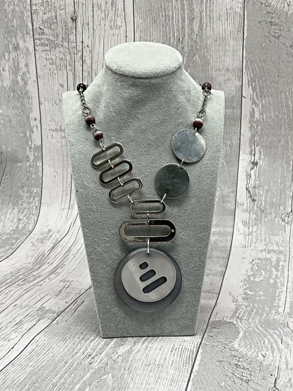 Upcycled Necklace, Recycle Materials Aluminium Disc Feature, Grey Amethyst Beads