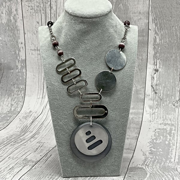 Upcycled Necklace, Recycle Materials Aluminium Disc Feature, Grey Amethyst Beads