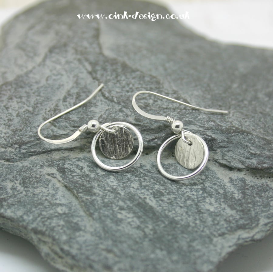  Sterling silver drop earrings, hammered disc and circle