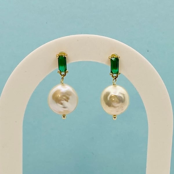 Moon Freshwater Pearl with Green Zircon Gold Plated Earrings