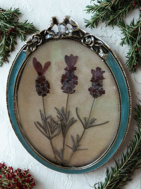 Pressed French Lavender in a vintage metal frame