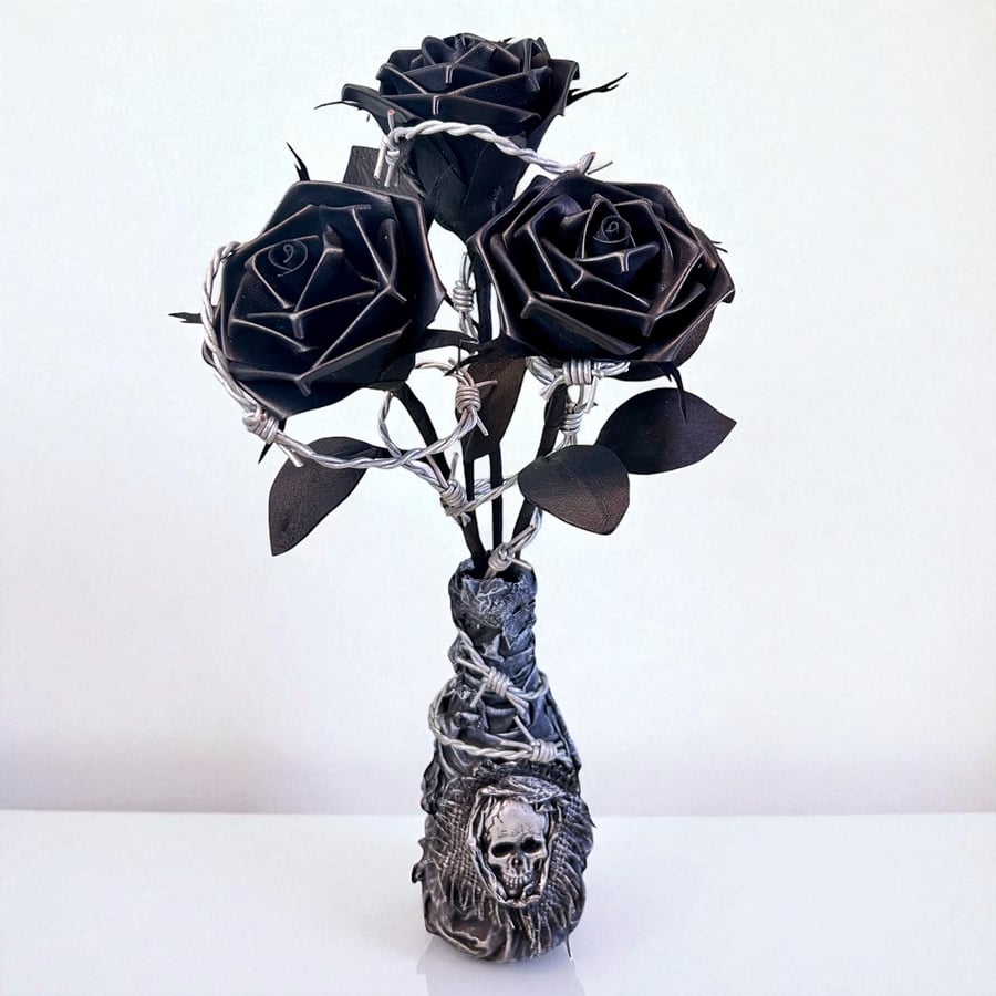 Gothic Black Leather Roses in Skull Vase – Handmade Dark Flower Arrangement