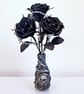 Gothic Black Leather Roses in Skull Vase – Handmade Dark Flower Arrangement - Image 1